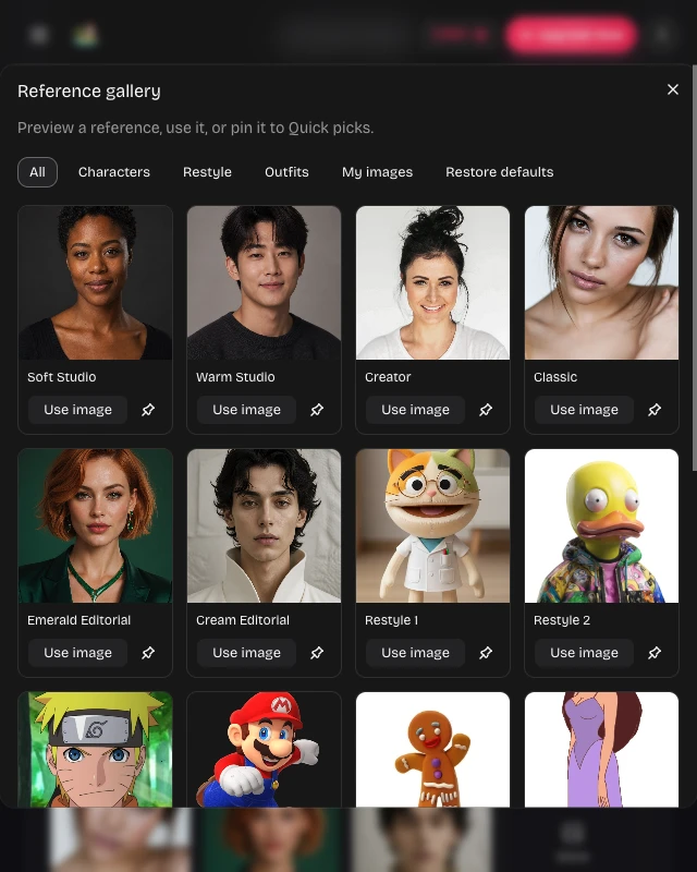 Our reference gallery showing categorized portraits and pin controls for a live face swap setup