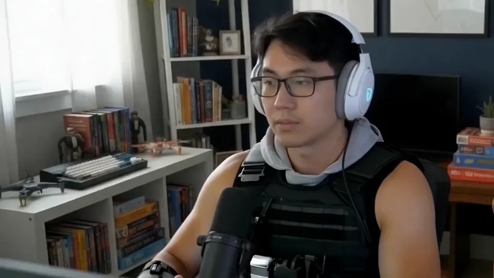 Competitor try-on demonstration frame showing a man wearing headphones and a tactical vest