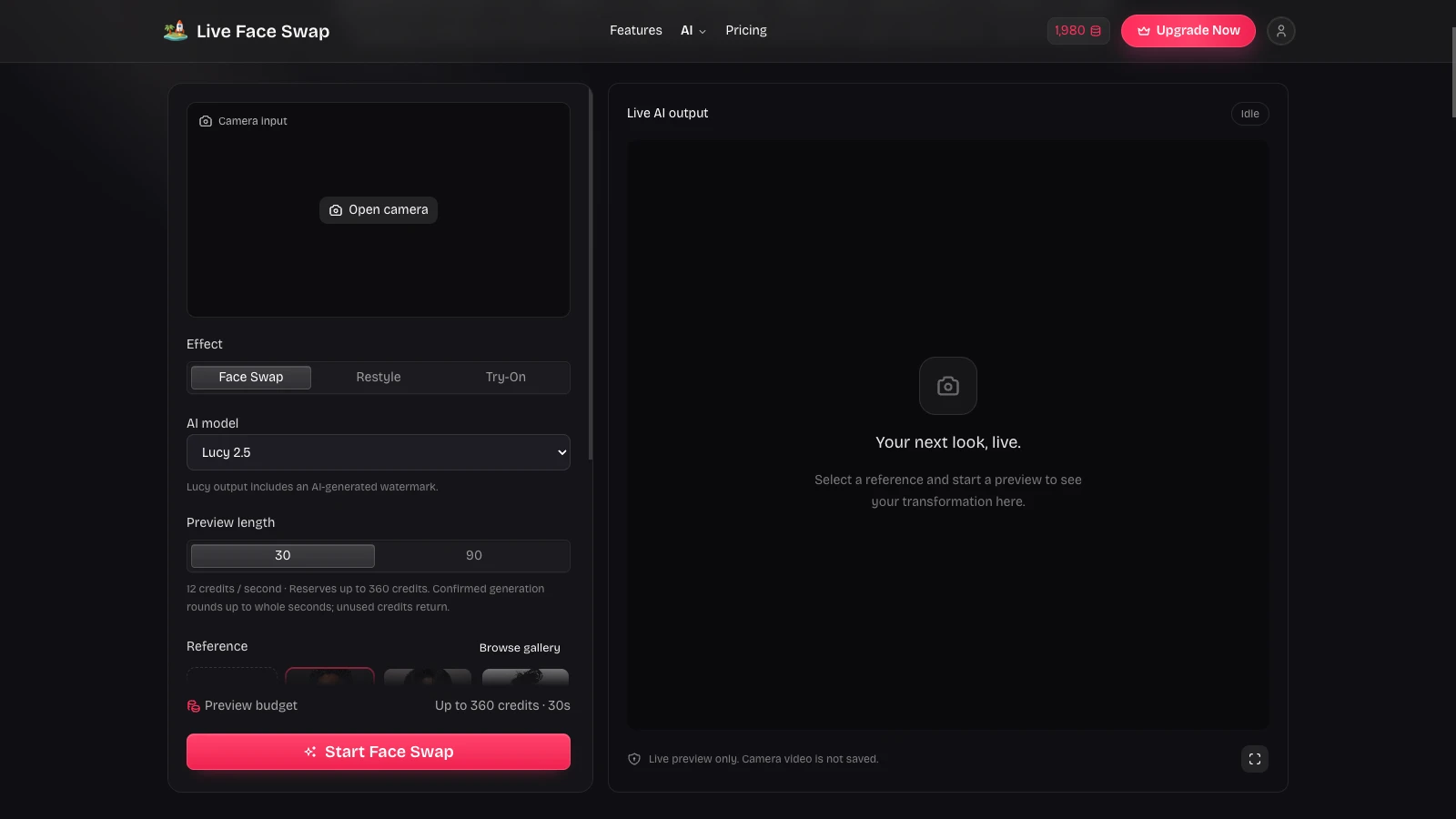 Our live face swap workspace showing camera controls, model selection, references, and the AI output panel